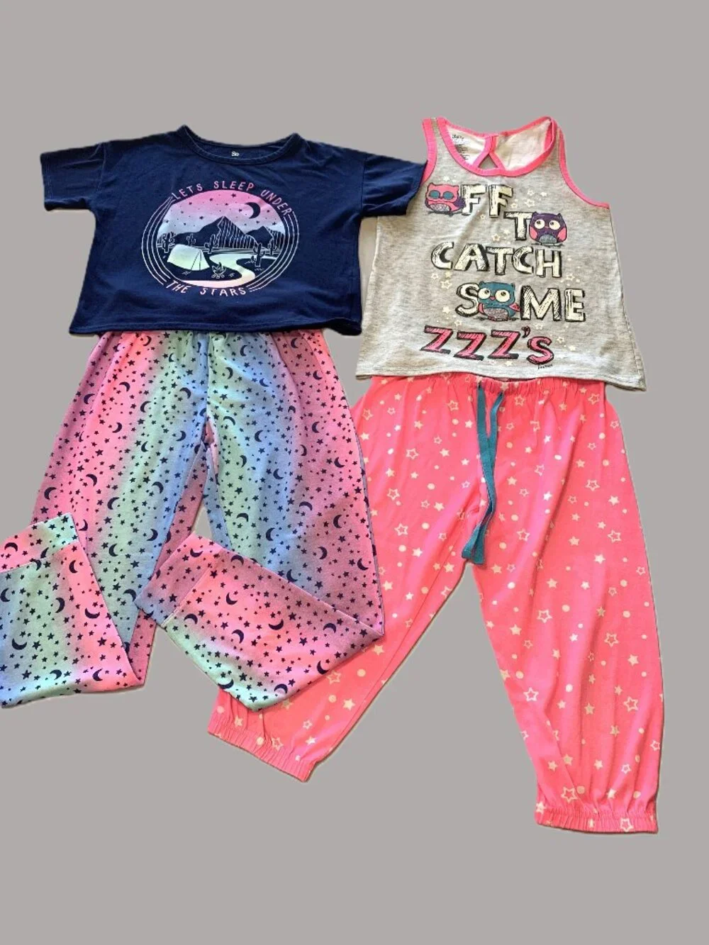4 Piece Girls Pajama Set Short Sleeves/Pants Justice/SO Size 10/12 Pink Blue